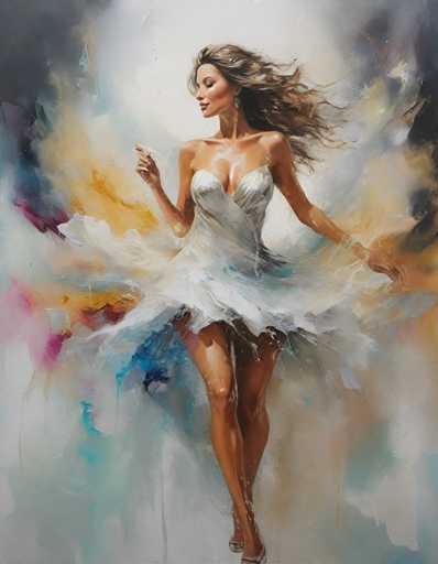 This image is a detailed painting of a ballerina, captured in a moment of graceful movement. The ballerina, who has long, flowing brown hair, is depicted with her eyes closed and her head turned to the left, exuding a serene and focused expression. She is adorned in a strapless, white dress that features a sweetheart neckline and a voluminous, fluffy skirt that billows out around her, adding to the sense of motion. The dress is complemented by silver high heels, and she wears a single earring that glints subtly. Her arms are extended outwards, with her right hand slightly raised and her left hand pointing downward, enhancing the dynamic pose. The background is a vibrant mix of colors, including shades of blue, yellow, pink, purple, and white, which blend together in a watercolor-like effect, creating a dreamy and ethereal atmosphere that contrasts beautifully with the ballerina's poised figure.
