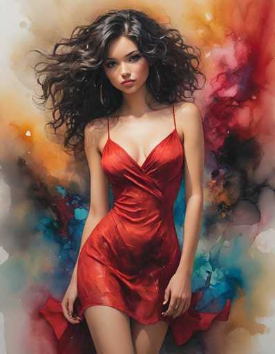 A woman with long dark hair is standing against a colorful abstract background featuring splashes of red, blue, and yellow hues. She is wearing a vibrant red dress that contrasts beautifully with the surrounding colors. The woman's pose suggests she is posing for the photo, her body language relaxed yet confident.