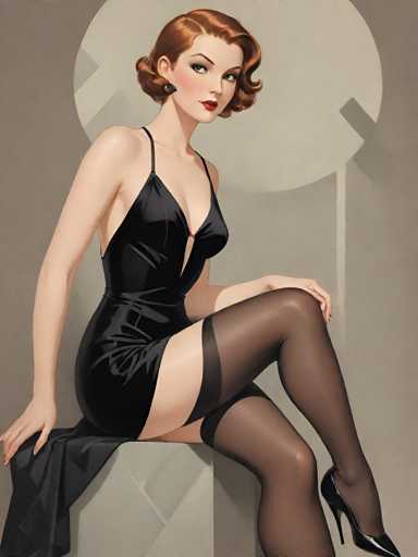 A woman is seated on a white pedestal with her legs crossed and wearing a black dress that reaches down to her knees. She has red hair styled in loose curls and is wearing high heels. The background features a gray circle against which the woman's figure is set.