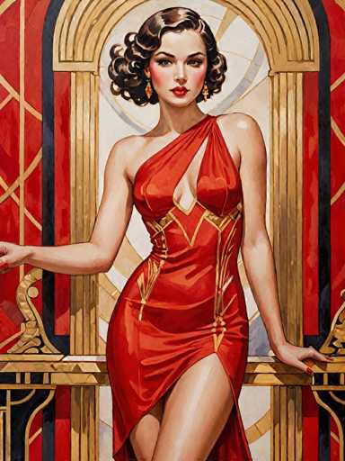 This image is a detailed painting of a woman in a striking, red, one-shoulder dress with gold trim. The dress features a deep V-neckline that extends down to her waist, and a high slit on the left side, revealing her leg. The woman has short, curly brown hair and is adorned with red lipstick, rosy cheeks, and gold earrings. Her pose is confident, with her left hand resting on a gold and black table, and her right hand positioned off-screen. She stands against a backdrop of a red wall with gold trim, and behind her is a golden archway with a white center. The overall composition and her attire suggest a vintage, possibly 1920s flapper style, evoking a sense of glamour and elegance.