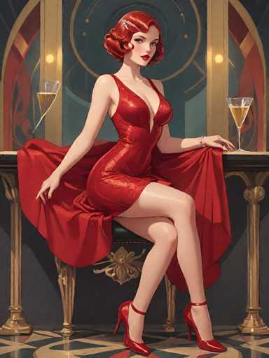The image depicts a detailed, computer-generated illustration of a woman seated on a black leather stool with gold legs, positioned in front of a gold table. She is wearing a striking red dress with thin straps, a plunging neckline, and a high slit on the right side, revealing her leg. The dress is complemented by red high heels with ankle straps. Her short, curly red hair is adorned with a silver feather barrette on the left side. The woman's makeup includes red lipstick, and she has a bracelet on her left wrist. She is holding the back of her dress with both hands, and her legs are crossed. On the table in front of her are two champagne glasses filled with a yellow liquid. The background features a blue wall with a gold archway, adding to the luxurious ambiance of the scene.