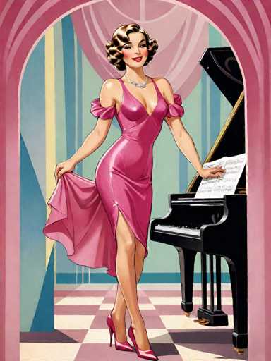 The image is a vibrant, cartoon-style illustration reminiscent of 1950s or 1960s art. It features a woman with short, curly brown hair styled in a bob, adorned with bright red lipstick and blush on her cheeks. She is wearing a tight, pink dress with a thigh-high slit on the left side, revealing her legs and high heels. The dress has puffy sleeves that extend to her elbows and a deep V-neckline. Around her neck is a diamond necklace. She is holding the skirt of her dress with both hands, as if about to curtsy. 

The background is a colorful room with a checkered floor in shades of pink and white, and walls decorated with blue, yellow, and green stripes. To her right stands a black grand piano with sheet music propped up on the music stand. The scene is framed by a pink archway, adding to the nostalgic and lively atmosphere of the illustration.