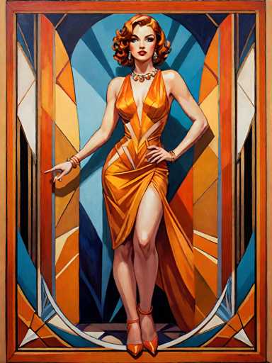 The image depicts an orange-haired woman wearing a gold dress with a blue skirt and red heels standing in front of a blue and white geometric patterned frame.