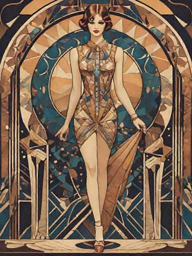 The image is a detailed, stylized painting of a woman in a dress, reminiscent of the 1920s flapper era. She has short, wavy brown hair and is wearing red lipstick. The dress, which is sleeveless and knee-length, features a geometric pattern with shades of brown, blue, and orange. It has a high collar and a zipper down the front, with a bow at the waist. The woman is holding the skirt of her dress with both hands, revealing her legs and one brown high-heeled shoe. She stands on a platform, with her left leg slightly bent. The background is a mosaic of various shapes and colors, including blue, brown, and orange, creating a vibrant, almost stained-glass effect. The overall composition is vertical, with the woman centrally positioned, giving the impression of a poster or a book cover.