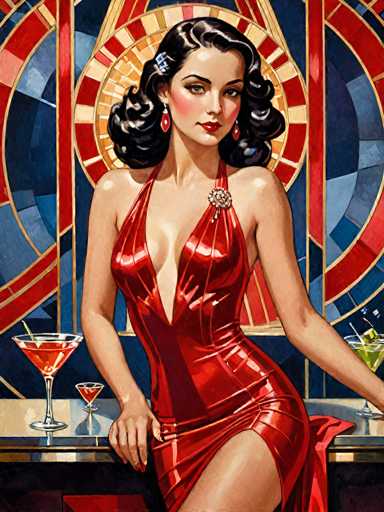This image is a detailed, stylized painting of a young woman, likely in her 20s, with a striking resemblance to Marilyn Monroe. She has long, black, curly hair adorned with a blue barrette and red, dangling earrings. Her attire is a form-fitting, low-cut red dress that accentuates her cleavage and reveals her legs, with a single strap on her left shoulder. The woman is seated on a barstool at a counter, her right hand resting on it, showcasing her red-painted fingernails. 

In front of her on the counter are two martini glasses: one filled with a red liquid and the other with a green liquid, both garnished with maraschino cherries. The background features a vibrant, stained-glass-like pattern with a mix of red, blue, and gold hues, adding to the overall 1950s or 1960s aesthetic of the scene. The woman gazes directly at the viewer, exuding a sense of confidence and allure.