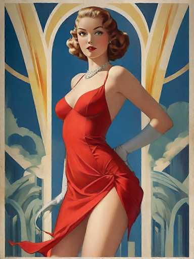 The image is a detailed, vintage-style painting of a glamorous woman, reminiscent of the 1940s or 1950s Hollywood era. She has short, curly blonde hair and is adorned with a diamond necklace. The woman is dressed in a striking red, one-shoulder dress that leaves her left shoulder bare and features a high slit on the right side, revealing her leg. She accessorizes with long white gloves that extend to her elbows. Her makeup is bold, with red lipstick and blue eyes, and she gazes directly at the viewer. The background is a blend of blue and white, with a yellow archway framing her figure, adding to the painting's elegant and sophisticated atmosphere.
