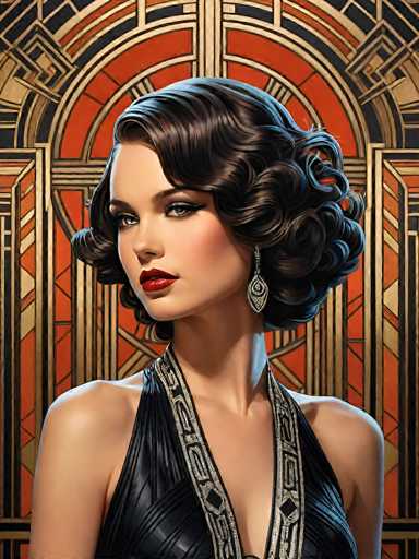 The image depicts a computer-generated, photorealistic portrayal of a young woman, likely in her 20s, embodying the glamour of the 1920s flapper era. She has short, wavy brown hair styled in a bob, with bangs that frame her face. Her makeup is striking, featuring bright red lipstick, dark eyeshadow, and long eyelashes. She wears a sleeveless black dress adorned with intricate silver and gold trim, which includes a distinctive V-neck design. Her left ear is visible, showcasing a long, dangling earring. The background is a vibrant, Art Deco-inspired design with geometric patterns in shades of red, orange, gold, and black, reminiscent of stained glass. The woman's pose is slightly angled, with her head turned to the left, and she gazes directly at the viewer, exuding confidence and elegance.