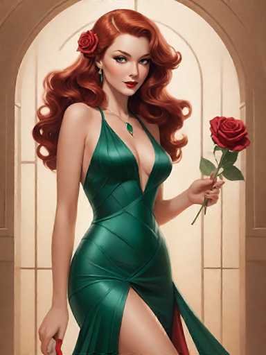 The image depicts a strikingly beautiful woman with long, wavy red hair adorned with a rose on the left side. She is dressed in a form-fitting, emerald green dress that features a deep V-neckline, a high slit on the right side, and a sash-like detail on the left. The dress is sleeveless with thin straps over her shoulders. She accessorizes with a green emerald pendant necklace, dangling green earrings, and red lipstick. In her left hand, she holds a red rose with a green stem and leaves, while her right hand grasps a red object, possibly a fan. The background showcases a large arched window with a tan frame, through which light streams in, illuminating the scene. The woman's head is slightly tilted to the right, and she gazes directly at the viewer, exuding elegance and confidence.