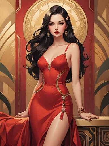 This image features a striking, computer-generated depiction of a young woman, likely in her late teens or early twenties. She has long, wavy black hair adorned with a delicate flower clip on the left side. Her complexion is fair, and she wears bold red lipstick that accentuates her expressive eyes, which are framed by long eyelashes. She is dressed in a form-fitting, red dress with thin straps and a daring slit that reveals her leg. The dress is embellished with intricate gold trim that adds a touch of elegance to her attire. She accessorizes with long, dangling gold earrings and a gold bracelet on her left wrist. Her nails are painted a vibrant red, adding to her glamorous appearance. The woman is seated on a gold-colored bench, with her left hand resting on its back and her right hand placed on her lap. Behind her, a red wall features a large, circular gold emblem, enhancing the regal and sophisticated atmosphere of the scene.