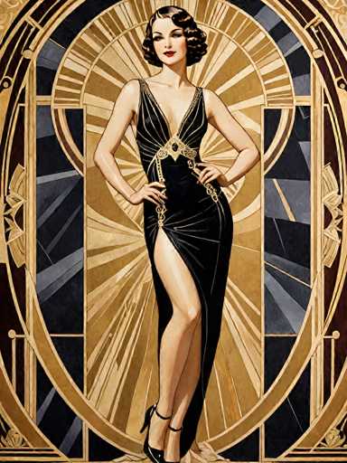 The image depicts a stylized, cartoon-like illustration of a woman in a 1920s flapper outfit, standing against a geometric background. She has short, curly brown hair and is wearing red lipstick. Her dress is black with thin straps and a plunging neckline, featuring a gold belt with a chain hanging down the front. The dress has a high slit on the left side, revealing her leg, and she is wearing black high-heeled shoes with straps. The woman's arms are bent at the elbows, with her hands resting on her hips, and she is looking directly at the viewer. The background is a complex geometric design with various shapes, including circles, triangles, and squares, in colors such as gold, black, gray, and blue. The overall composition is reminiscent of a poster or a stylized advertisement, with the woman's figure centrally positioned and dominating the image.
