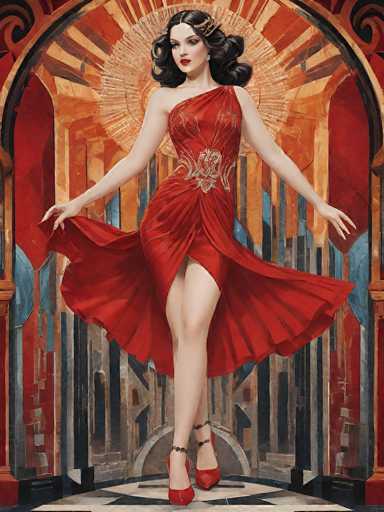 The image depicts a striking, computer-generated artwork of a woman in a vibrant red dress, reminiscent of the 1920s flapper era. She stands confidently on a black and white checkered floor, with her right leg elegantly crossed over her left. The dress, which features a single strap over her left shoulder, is adorned with intricate gold embroidery and a high slit that reveals her upper thigh. Her long, wavy black hair cascades down, and she wears bold red lipstick that complements her attire. She is also wearing red high heels with ankle straps. Behind her, a radiant sunburst pattern in shades of orange and yellow adds a dramatic backdrop, while the background is a blend of red, blue, and gray hues. The overall composition, with its vivid colors and detailed elements, evokes a sense of nostalgia and glamour.