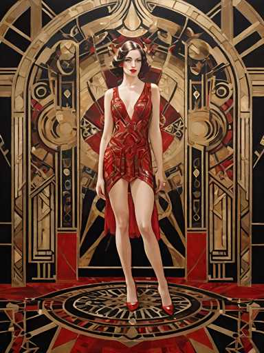 The image depicts a woman wearing an elegant red dress with a high neckline and a low back, standing on a circular platform adorned with gold accents and intricate designs. The background features a black and gold archway, which is part of the Art Nouveau style.