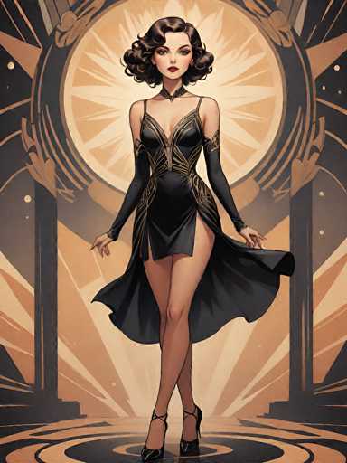 A stylish woman in a black, gold, and black dress with a dramatic, retro-inspired design. She's wearing a choker necklace and has short, curly hair. Her pose is elegant, with hands slightly outstretched. The background features a circular design with radiating lines and geometric patterns in warm, muted tones. The overall style is reminiscent of Art Deco or a vintage fashion illustration.
