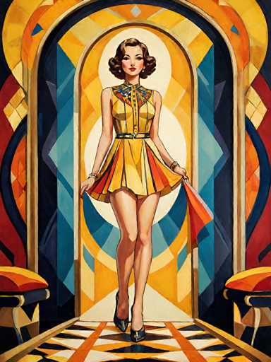 The image is a vibrant, stylized painting of a woman standing in the center of a room with an abstract, geometric design. The room features a floor with black, white, and orange stripes, and walls adorned with blue, orange, and yellow diamond patterns. The woman, who has short brown hair styled in a bob, is wearing a sleeveless yellow dress with a black belt and a colorful diamond pattern on the chest. She is holding the skirt of her dress with both hands, revealing her legs, and is wearing black high heels. Her makeup includes red lipstick, and she has a bracelet on her right wrist. The overall scene is reminiscent of 1920s or 1930s fashion, with a modern, abstract twist.