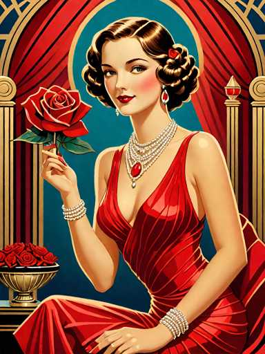 A woman is depicted wearing an elegant red dress and holding a rose in her hand. She is seated on a bench with a vase of roses behind her. The background features a blue curtain adorned with gold accents.