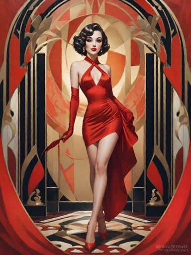 The image is a detailed, stylized painting of a woman in a 1920s flapper outfit, standing in a doorway. She is wearing a red dress with a deep V-neckline that ties around her neck, and the dress has a slit on the right side, revealing her leg. The dress is complemented by red gloves that extend to her elbows and red high heels. Her short, curly black hair is styled in a bob, and she has red lipstick and dangling earrings. The woman is looking directly at the viewer with a serious expression. The background features a geometric pattern of red, black, and white, with a red curtain framing the scene. The floor beneath her is also patterned in black, white, and red. The overall composition is reminiscent of Art Deco style, with bold colors and intricate designs.