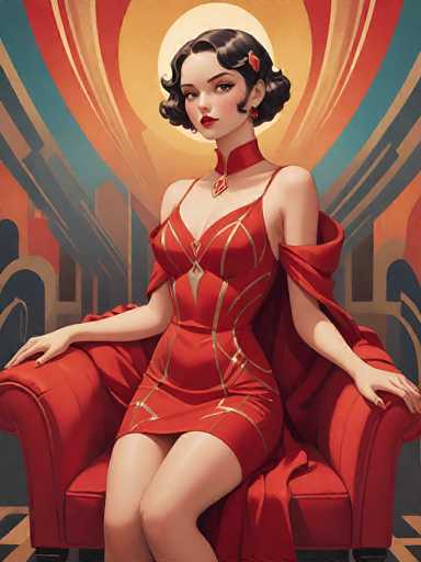 The image depicts a young woman, possibly in her late teens or early twenties, seated on a plush, red velvet chair. She has short, dark brown hair styled in a bob with a side part, and a red barrette adorns the left side of her head. Her makeup is striking, featuring bright red lipstick and dark eyeliner that accentuates her large, expressive eyes. She wears a form-fitting, red dress with thin straps and a high neckline, which reveals her shoulders and upper chest. The dress is adorned with intricate gold patterns, including a heart-shaped design on the bust and a diamond shape on the abdomen. A red collar with a gold pendant, shaped like a diamond, complements the dress. Her nails are painted red, and she sits with her legs crossed, exuding a poised and elegant demeanor. The background is a vibrant mix of red, blue, and yellow hues, adding to the overall dramatic and eye-catching composition of the image.
