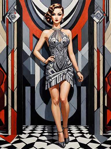 The image portrays a striking, stylized painting of a woman standing in a room with a black and white checkered floor. She is dressed in a short, silver dress adorned with various shades of gray and black, featuring a deep V-neckline that reveals her shoulders and chest. The dress has a high slit on the left side, showcasing her leg. She accessorizes with a choker necklace, dangling earrings, and black high-heeled shoes. Her hair is styled in a short, curled bob on the left side, with the right side pulled back. The background is a geometric composition of red, gray, and black shapes, including circles, triangles, and rectangles, creating a dynamic and visually engaging setting. The woman stands confidently, with her left hand on her hip and her right arm hanging by her side, exuding a poised and elegant demeanor.