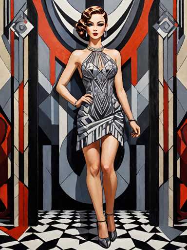 The image depicts a woman wearing a silver dress with a halter neckline and a high slit on the side. She is standing in front of an abstract painting that features geometric shapes in shades of red, black, white, and gray. The background includes a black and white checkered floor and a red and white striped wall.