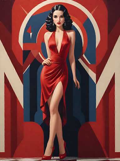 The image depicts a striking, stylized painting of a woman standing confidently in front of a vibrant, geometric backdrop. The woman, who has long, black, curly hair parted in the middle, is adorned with silver earrings and wears bold red lipstick. She is dressed in a form-fitting, low-cut red dress that features a high slit on the right side, revealing her leg. The dress is sleeveless, and she complements her outfit with red high heels. Her right hand rests on her hip, while her left arm hangs by her side. The background is a dynamic mix of red, blue, and white geometric shapes, including circles, triangles, and rectangles, creating a visually stimulating environment. The overall composition evokes a sense of strength and allure, reminiscent of a 1950s pin-up style.