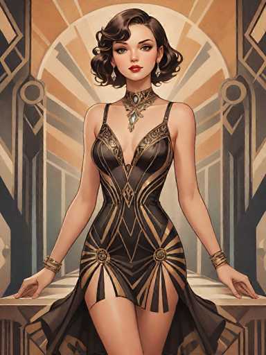 This image features a detailed, computer-generated illustration of a young woman, likely in her late teens or early twenties, with a striking resemblance to Miley Cyrus. She has short, curly brown hair and is adorned with dangling earrings. Her attire is a black dress with intricate gold accents, including a deep V-neckline and a high slit that reveals her legs. The dress is form-fitting, accentuating her figure, and features a gold pattern that resembles a flower on the hips. She accessorizes with a choker necklace and bracelets on both wrists. The woman is seated on a stone bench, her hands resting on either side, and she gazes directly at the viewer with a serious expression. The background is a blend of tan, gray, and blue hues, with a sunburst pattern and a circular design that adds depth to the scene. The overall composition is reminiscent of a comic book or video game character, with a stylized, animated aesthetic.