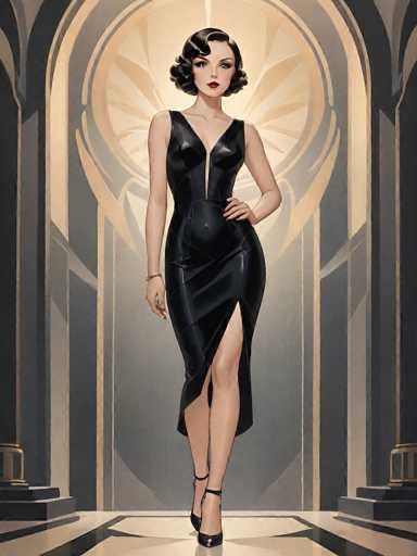 The image is a detailed, computer-generated illustration of a woman standing in a grand, ornate room. The setting features a light brown floor with black stripes and a gray wall adorned with intricate gold designs. The woman, who has fair skin and short, curly black hair styled in a bob, is dressed in a sleek, black dress with a deep V-neckline that extends down to her belly button. The dress is sleeveless and has a high slit on the left side, revealing her leg. She is wearing black high-heeled shoes and a bracelet on her right wrist. Her pose is confident, with her left hand resting on her hip and her right arm hanging by her side. She has striking red lipstick and blue eyes, and her expression is serious. Behind her, a large archway with a gold sunburst pattern adds to the grandeur of the scene.