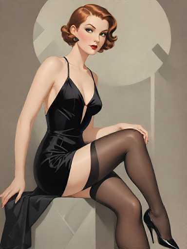 The image portrays a stylized, cartoon-like illustration of a woman with short, wavy red hair, seated on a gray, rectangular stool. She is dressed in a sleek, black one-piece dress that features thin straps over her shoulders and a deep V-neckline that extends down to her belly button. The dress is form-fitting, accentuating her figure, and includes a small slit on the upper thigh. She pairs this with black pantyhose that have a lace top and black high heels. Her makeup is striking, with red lipstick, dark eye shadow, and blush on her cheeks. She is posed with her left hand resting on her left knee, while her right hand is placed on the stool behind her. The background is a muted gray, featuring a large white circle with a smaller gray circle inside it, adding a subtle geometric element to the composition.