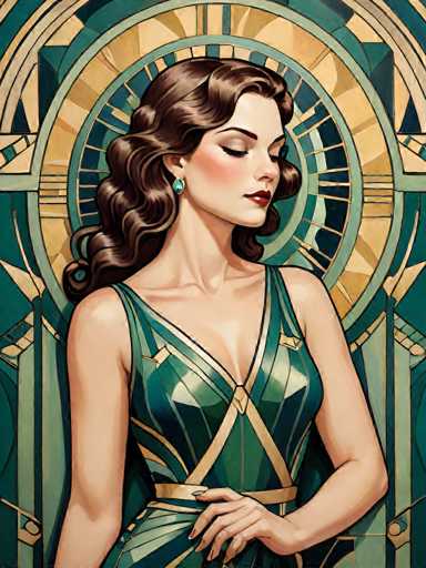 The image is a detailed, stylized painting of a woman with long, wavy brown hair, adorned with blue earrings. She is dressed in a sleeveless green dress with gold accents, including a gold belt and a V-shaped design on the chest. The woman is depicted with her eyes closed, head tilted to the right, and her left hand resting on her hip. The background features a circular pattern with gold and green hues, reminiscent of stained glass, and includes various geometric shapes like triangles and rectangles. The overall composition is vibrant and colorful, with a focus on the intricate details of the woman's attire and the surrounding abstract design.