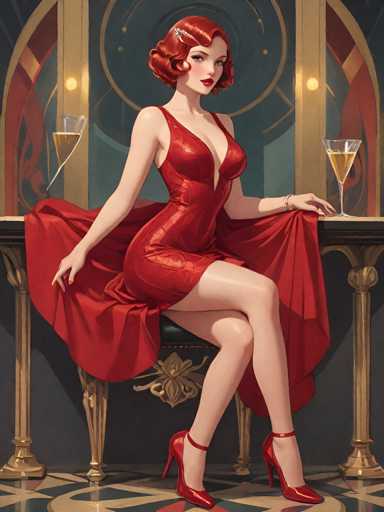 A woman with red hair and a red dress is seated at a table with two glasses of champagne on it. The background features an archway adorned with gold accents.