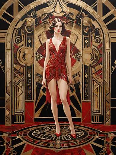 The image portrays a striking, AI-generated woman standing in a regal, Art Deco-style setting. She is dressed in a form-fitting, red dress with a plunging neckline that reveals her cleavage and a high slit that exposes her upper thigh. The dress features intricate gold patterns and is complemented by matching red high heels. Her short, wavy brown hair is styled in a 1920s flapper fashion, and she wears bold red lipstick that accentuates her blue eyes. The background is a rich tapestry of gold, black, and red hues, adorned with geometric shapes and circular motifs. She stands on a reflective red floor with a black and gold circular design, adding to the opulent atmosphere. The overall aesthetic evokes a sense of vintage glamour and grandeur, reminiscent of the Roaring Twenties.
