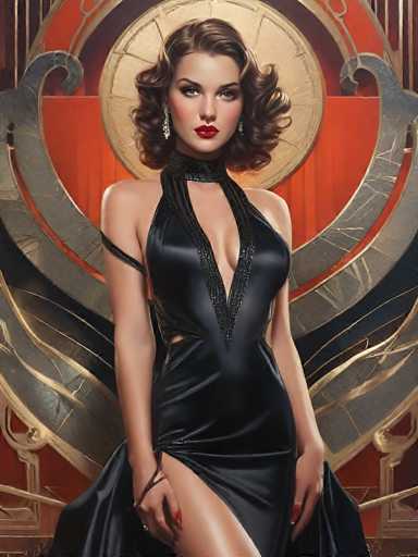 The image depicts a strikingly beautiful woman with shoulder-length, curly brown hair styled in a vintage 1920s fashion. She is wearing a black, sleeveless dress with a deep V-neckline that extends up to her neck, adorned with sequins and black trim. The dress features a high slit on the right side, revealing her leg, and a thin strap that wraps around her upper left arm. She accessorizes with long, dangling earrings that resemble silver leaves and a black choker around her neck. Her makeup is bold, with bright red lipstick and dark eyeshadow, complementing her fair skin. The background is a rich tapestry of reds, oranges, and golds, with intricate circular patterns and designs that evoke a sense of grandeur and opulence. The overall composition gives the impression of a glamorous, possibly AI-generated, vintage movie star or a figure from a classic Hollywood film.