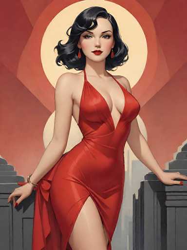 The image depicts a striking, computer-generated woman with black hair styled in a 1950s fashion, cascading just below her chin. She has a pale complexion, accentuated by bright red lipstick and matching red dangling earrings. Her attire is a form-fitting, low-cut red dress that reveals a significant portion of her chest and extends to a high slit on her right leg, showcasing her red-painted nails. The dress features thin straps over her shoulders and a bow on the back. She is leaning against two gray pillars, with her right hand resting on the left pillar and her left hand on the right. Behind her, a large, cream-colored circle dominates the background, surrounded by a red ring, with additional red and orange hues filling the rest of the space. The overall composition gives the impression of a stylized, possibly AI-generated or cartoon-like, glamorous scene.