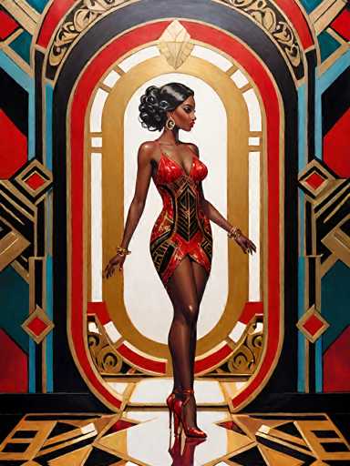 The image is a detailed painting of an African-American woman standing in front of an ornate, multicolored archway. She is dressed in a striking red dress adorned with black and gold patterns, which is very short, revealing her legs. Her high heels are also red, complementing her outfit. She accessorizes with large gold earrings and bracelets on her left wrist. Her black hair is styled in a bun, and she wears red lipstick. The archway behind her features a complex design with concentric rings in gold, red, black, and blue, and is decorated with various geometric shapes and patterns. The floor beneath her is black with gold designs, adding to the overall luxurious and vibrant atmosphere of the scene.