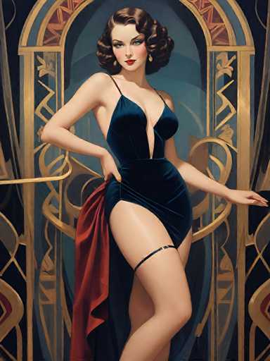 This image is a detailed, computer-generated painting of a woman in a 1920s flapper-style outfit, reminiscent of the Great Gatsby era. She stands confidently in front of an ornate, gold archway with intricate designs, set against a dark blue background. The woman has short, wavy brown hair and is adorned with gold earrings. Her makeup features striking red lipstick and blush on her cheeks. She wears a dark blue, velvet-like dress with thin straps and a daringly low neckline that reveals her cleavage and extends down to her upper thigh. The dress has a slit on the side, which she holds open with her right hand, showcasing her leg. A black garter belt adorns her left thigh. Her left arm is extended outward, with her hand resting on a surface. The overall composition and her poised stance suggest she is posing for a photograph, capturing the essence of the glamorous 1920s flapper.