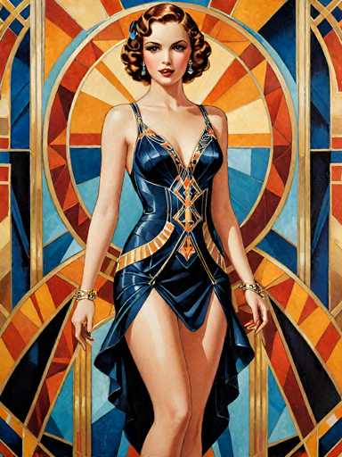 This image is a detailed, vintage-style illustration of a glamorous woman, reminiscent of the 1920s or 1930s. She stands confidently, facing the viewer, with her arms slightly outstretched. Her attire is a striking, dark blue dress with thin straps and a daring slit up to her upper thigh. The dress features intricate gold and orange patterns, including a prominent X shape on the front. She accessorizes with gold bracelets on both wrists and wears blue earrings that complement her dress. Her short, curly brown hair is adorned with a blue bow on the left side, and she has red lipstick that accentuates her poised expression. The background is a vibrant, stained glass-like design with a mix of orange, blue, red, and black hues, adding to the overall artistic and elegant feel of the image.