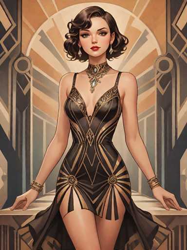 The image depicts a woman wearing an elegant black dress with gold accents and a necklace. She is standing on a platform adorned with geometric patterns, suggesting a grand or opulent setting. The background features a large archway, adding to the overall sense of luxury and sophistication.