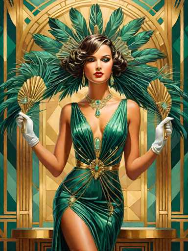 This image is a detailed, computer-generated depiction of a woman in a 1920s flapper-style outfit, reminiscent of the Great Gatsby era. She stands confidently, facing the viewer, with a slight smile on her face. Her short, dark brown hair is styled in a wavy bob, and she wears striking red lipstick. She is adorned with elegant gold earrings and a matching gold necklace featuring a prominent blue gemstone. 

Her attire is a stunning green dress with a plunging neckline and a high slit on the left side, revealing her leg. The dress is accentuated with intricate gold details, including a belt around her waist and additional embellishments on her hips. She holds two gold fans, one in each hand, and wears white gloves that add to her sophisticated look.

Behind her, a golden archway serves as a backdrop, enhancing the opulent feel of the scene. The background is a blend of green and gold hues, with a patterned design that complements the overall luxurious aesthetic. The image captures the essence of the Roaring Twenties with its vibrant colors and meticulous details.