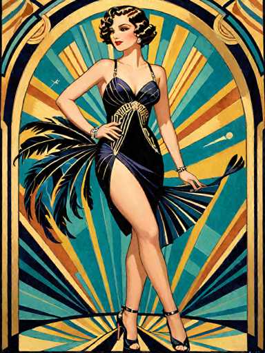 This image is a detailed, stylized painting of a woman in a 1920s flapper outfit, reminiscent of the Great Gatsby era. She has short, wavy, dark hair with blonde highlights and is adorned with red lipstick and pink blush on her cheeks. She is wearing a black dress with thin straps, a high slit on the right side revealing her leg, and a gold belt around her waist. The dress is accentuated with large black feathers on the left side. She is accessorized with black high-heeled shoes that have ankle straps, and she holds a fan in her left hand. The background features a vibrant, abstract pattern with rays of yellow, blue, and orange emanating from behind her, creating a dynamic and colorful backdrop. The woman stands confidently, with her right hand on her hip, looking off to the left.