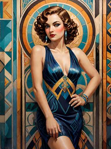 The image portrays a strikingly beautiful woman with short, curly brown hair styled in a 1920s flapper fashion. She is dressed in a form-fitting, dark blue dress adorned with gold accents, including a prominent gold band at the waist and a diamond-shaped design at the center. Her attire is complemented by long, dangling blue earrings and a blue bracelet on her left wrist. The woman's pose is confident, with her left hand resting on her hip and her right hand placed on her thigh. She gazes directly at the viewer with a serious expression, her blue eyes and red lipstick adding to her captivating presence. The background features a vibrant, geometric pattern reminiscent of Art Deco style, with a mix of orange, blue, and white shapes, including circles and triangles. The overall composition suggests a blend of modern digital artistry with a vintage aesthetic, creating a visually stunning and detailed portrait.