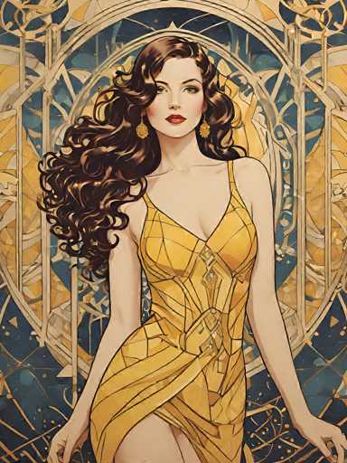 This image is a detailed, stylized drawing of a woman with long, wavy brown hair cascading over her right shoulder. She is wearing a yellow, sleeveless dress with thin straps and a high slit on the left side, revealing her leg. The dress features a low neckline and is adorned with intricate black lines that create a pattern resembling stained glass. The woman's face is accentuated with red lipstick, blush on her cheeks, and dark eyebrows. She is also wearing yellow earrings that match her dress. Her arms are extended downward, with her hands slightly open. The background is a dark blue with a geometric pattern of gold and white lines, adding to the stained glass effect. The overall composition gives the impression of a sophisticated, artistic portrayal, possibly reminiscent of a character from a movie or a book cover.
