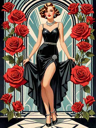 This image is a detailed, vintage-style illustration of a glamorous woman, reminiscent of the 1920s or 1930s. She stands confidently in the center of the frame, wearing a sleek black dress with thin straps and a high slit that reveals her leg. The dress is adorned with a silver belt around her waist and a matching silver flower brooch on her hip. She accessorizes with a thick, multi-layered diamond necklace, dangling diamond earrings, and a diamond bracelet on her right wrist. Her black high heels feature ankle straps, adding to her elegant look.

Her short, curly blonde hair is styled in a bob, and she wears bright red lipstick that complements her fair skin and rosy cheeks. She holds the sides of her dress, revealing her leg, and gazes directly at the viewer with a poised expression.

Surrounding her are vibrant red roses with green stems and leaves, arranged vertically on either side. The background features a light blue wall with a white starburst pattern and a black and white striped border. The floor beneath her is white with black geometric patterns, enhancing the overall sophisticated and stylish ambiance of the scene.