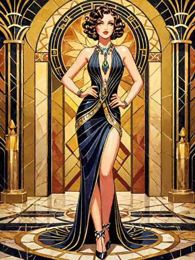 The image depicts a detailed, cartoon-style illustration of a woman standing in a grand, opulent room. The room features a floor adorned with intricate gold and black patterns, and the walls are decorated with golden columns and a large circular design. The woman, who has short, curly brown hair styled in a bob, is wearing a striking blue dress with gold trim and a high slit on the right side, revealing her leg. She accessorizes with a long, blue necklace that has a prominent pendant, and she has bracelets on both wrists. Her hands rest confidently on her hips, and she is wearing black high heels. The overall scene exudes a sense of grandeur and elegance, reminiscent of a luxurious ballroom or castle interior.