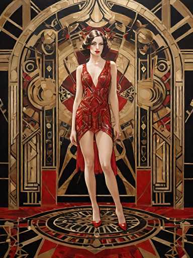 A woman in a red Art Deco dress stands in front of an ornate, geometric door. The style is highly detailed and reminiscent of a vintage poster or illustration, with a focus on intricate patterns and bold colors. The woman has dark hair styled in an elegant updo, and her expression is serene. She's wearing red heels that match the dress. The overall mood is sophisticated and slightly mysterious, with a strong emphasis on texture and design.