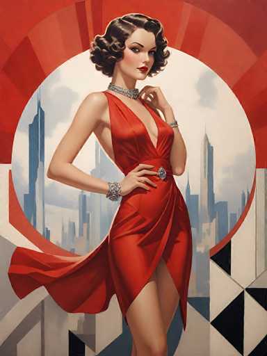 The image is a detailed, computer-generated illustration of a glamorous woman in a striking red dress. She stands confidently, with one hand on her hip and the other raised to her neck, showcasing her red lipstick and rosy cheeks. Her short, curly brown hair frames her face, and she wears a diamond choker around her neck. The dress, which features a deep V-neckline and a high slit on the right side, reveals her legs. It also has a cape-like back that flows behind her. Adorning her wrists are diamond bracelets, and a diamond belt buckle accentuates her waist. The background is a vibrant cityscape with tall skyscrapers, set within a circular frame. Surrounding this circle is a red and orange pattern, with a black and white checkerboard design at the bottom. The overall composition exudes a sense of elegance and sophistication.