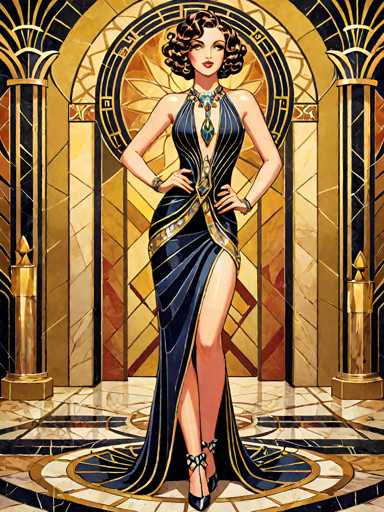 The image depicts a woman wearing an elegant blue dress with gold accents and a large necklace. She is standing on a circular platform adorned with gold tiles, which serves as the stage for her presence. The background features a grand archway with intricate designs in gold and black, adding to the opulence of the scene.