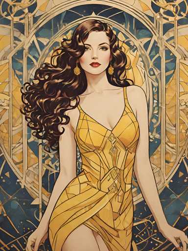 A woman with long brown hair is standing against a blue and gold background that features an intricate geometric pattern. She is wearing a yellow dress adorned with gold accents.