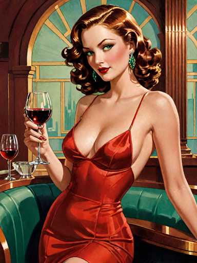 A woman is depicted wearing an elegant red dress and holding a glass of wine with her right hand while seated at a table with two glasses on it. The background features a window that allows natural light to illuminate the scene, creating a warm and inviting atmosphere.