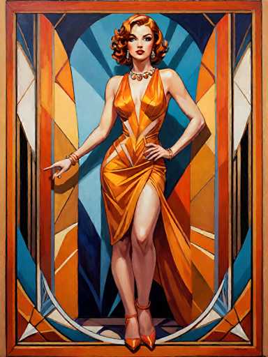 This image is a detailed painting of a woman, reminiscent of the 1920s flapper era, standing in a vibrant, geometric setting. The woman, with her short, curly red hair and red lipstick, exudes confidence as she faces the viewer. She is adorned in a striking orange dress that features a plunging neckline, a high slit on the left side, and intricate cutouts on the sides. The dress is sleeveless and form-fitting, accentuating her figure. She accessorizes with a thick, orange beaded necklace, dangling earrings, and multiple bracelets on her right wrist. Her footwear consists of orange high-heeled shoes with ankle straps. 

The background is a dynamic composition of various geometric shapes, including triangles, rectangles, and squares, in a palette of orange, blue, yellow, and white. These shapes create a sense of movement and depth, with some elements resembling stained glass. The woman stands on a white platform, framed by a brown border, which further emphasizes her presence in the scene. The overall effect is a striking blend of vintage glamour and modern artistic flair.