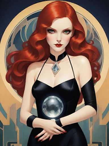 This image features a striking, computer-generated depiction of a woman with long, wavy red hair cascading past her shoulders. She has fair skin, accentuated by heavy makeup, including dark red lipstick, black eyeliner, and blush on her cheeks. Her piercing blue eyes are framed by thin, arched eyebrows. She is dressed in a sleek, black dress with thin straps and a diamond-shaped silver pendant hanging from a black collar around her neck. The dress has a V-neckline and a prominent silver orb situated at her midsection. Her arms are adorned with black armbands, and her hands, with long red fingernails, are clasped together in front of her. The background is a dark blue, featuring a large, circular emblem with a yellow border and a blue center, adding to the overall dramatic and stylized aesthetic of the image.