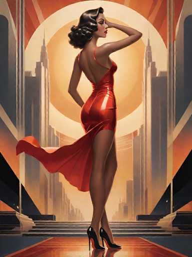 The image depicts a stylized, cartoon-like painting of a slender woman with dark brown hair styled in a 1920s flapper fashion. She is wearing a shiny, red dress with thin straps and a slit on the back, which flows dramatically behind her like a cape. The dress is complemented by black high heels. The woman is standing on a red carpet, with her left arm raised to her forehead and her right arm resting on her hip. She is looking over her shoulder towards the right side of the image. The background features a cityscape with tall skyscrapers, a large yellow sun, and a red sky, creating a vibrant, almost futuristic atmosphere. The overall composition is reminiscent of a 1920s flapper scene but with a modern, stylized twist.